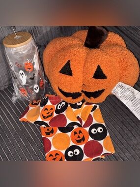 Plush Orange Jack-O'-Lantern Halloween Pillow, towel and tumbler - Pumpkin Decor